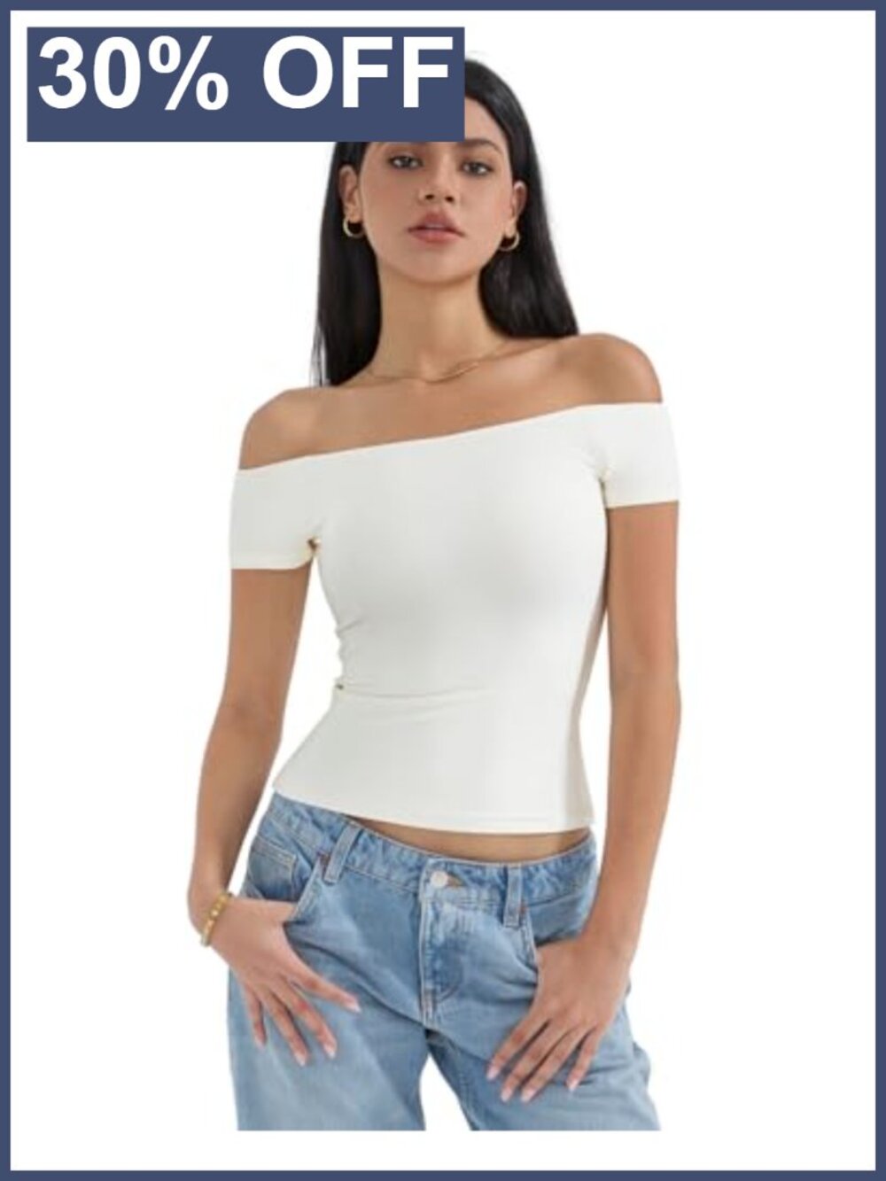 Women's Off Shoulder Crop Top Double Lined Short Sleeve Going Out Tee